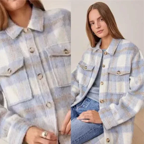 REFORMATION Size M Ainslie Plaid Jacket Coat Flannel Oversized Light Blue - Picture 10 of 10